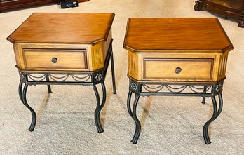 Nice Pair Matching Wood & Iron Side Lamp Tables With Drawer