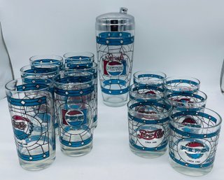 Vintage Pepsi Cola Cocktail Shaker Set With Twelve Glasses