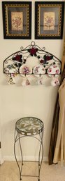 Group Lot Framed Pictures Metal Glass Top Plant Stand Set Four Hand Painted Cup & Saucer Sets With Rack