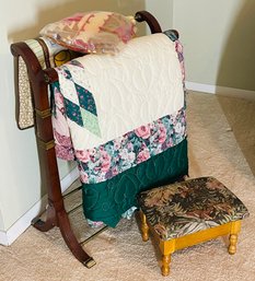 Group Lot Wood Quilt Rack Two Quilts Indian Blanket Needlepoint Oak Stool