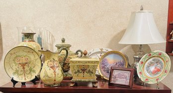 Group Lot Contents On Top Of Kitchen Fireplace Teapot Lamp Thomas Kinkade Vases Candle Holders