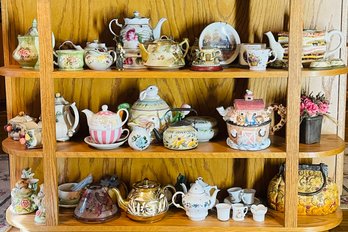 Group Lot Contents Of Three Shelves Teapot Cream & Sugar Cup Collection