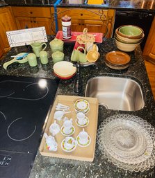 Large Group Lot Contents Of Kitchen Island & On Top Decor Dishes Waterford Place Mats Linens Towels