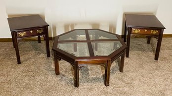 Broyhill Three Piece Wood Coffee End Lamp Table Set