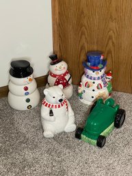 Group Lot Of Five Cookie Jars Christmas John Deere Tractor Coca Cola Bear