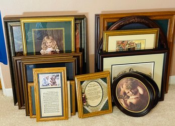 Group Lot Of Eighteen Pieces Framed Art Work Decor Smaller Cherubs