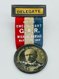 C.E. Adams Grand Army Of The Republic Wichita Kansas Representative Badge Ribbon Pin Annual Encampment 1919