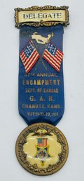 GAR Grand Army Of The Republic Chanute Ks. Kansas Representative Badge Ribbon Pin 37th Annual Encampment 1918