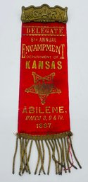 GAR Grand Army Of The Republic 6th Annual Encampment Delegate Ribbon Badge Abilene Kansas 1887