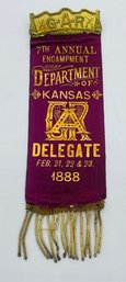 GAR Grand Army Of The Republic 7th Annual Encampment Delegate Ribbon Badge Department Of Kansas 1888