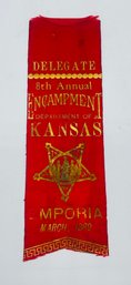 GAR Grand Army Of The Republic 8th Annual Encampment Delegate Ribbon Badge Imporia Kansas 1889