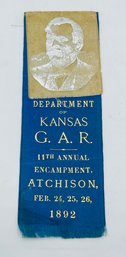 GAR Grand Army Of The Republic 11th Annual Encampment Delegate Ribbon Badge Atchison Kansas 1892