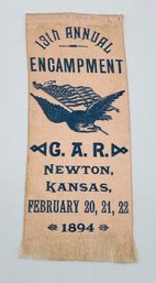 GAR Grand Army Of The Republic 13th Annual Encampment Delegate Ribbon Badge Newton Kansas 1894