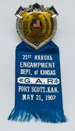 GAR Grand Army Of The Republic 21st Annual Encampment Delegate Ribbon Badge Fort Scott Kansas 1902