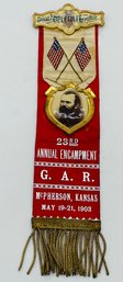 GAR Grand Army Of The Republic 23rd Annual Encampment Delegate Ribbon Badge McPherson Kansas 1903