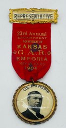 GAR Grand Army Of The Republic 23rd Annual Encampment Delegate Ribbon Badge Emporia Kansas 1904 Preston Plumb