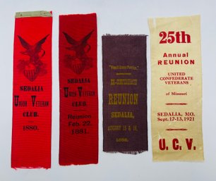 Union Veteran Club Confederate Reunion Ribbon Badges Group Lot Of Four 1880 1881 1882 1921 Sedalia Missouri Mo