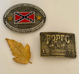 Vintage Belt Buckles (2) And A Leaf Dipped In Gold Leaf