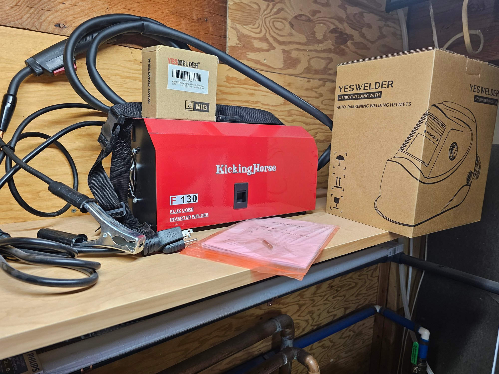 Kicking Horse F130 Fluxcore Inverter Welder With Helmet And Box Of Welding Wire 5787