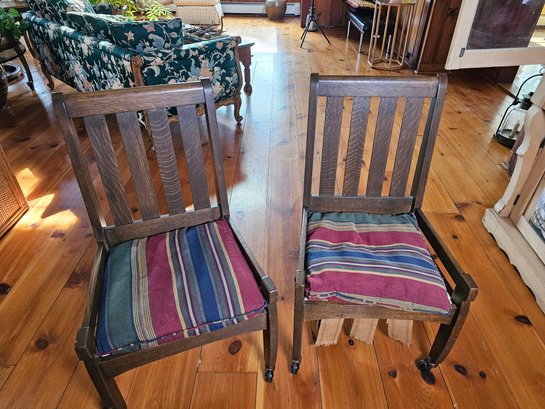 Oak Accent Chairs On Casters (one Is Damaged)