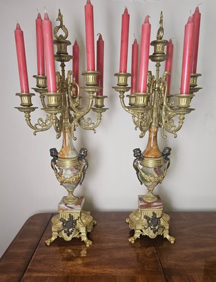 Vintage Pair Of 6 Flame Brass And Marble Candelabras