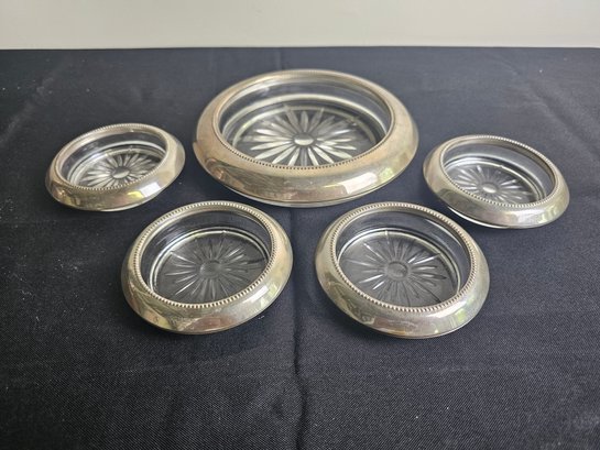 Set Of Sterling And Glass Frank Whiting Coasters