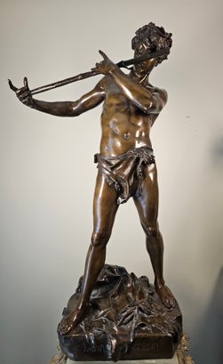 Bronze Boy Playing The Flute By Felix Charpentier, Very Large At 30 Tall And 24 Wide