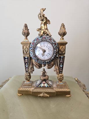 Beautiful Gilded Cloisonne Clock Flanked By Two Torches And Cherub Atop