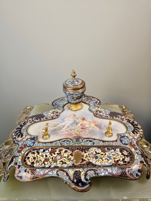 French Gilt Champleve Inkwell With Painted Cherubs