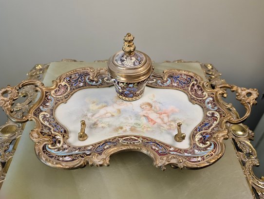 Gilt French Champleve Inkwell With Pen Rest