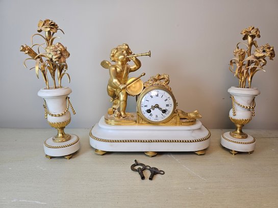 Neoclassical Marble And Gilded French Mantlepiece Clock
