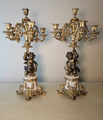 Pair Of Louis XV Style Bronze And Marble Candelabra