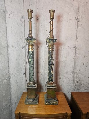 Large Pair Of Heavy Antique Marble Or Granite Lamps