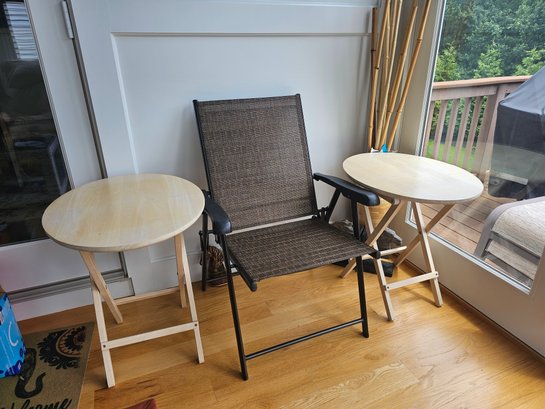 Two Wood Tables And Folding Chair