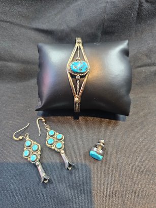 Sterling And Turquoise Bangle, Earrings And Pin