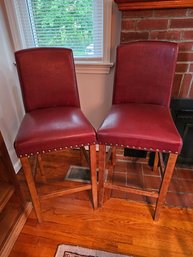 Pair Of Leather And Oak Bar Stools