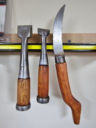Lot Of Chisels And Saw With Wooden Handle