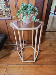 Hexagonal Wicker Wrapped Accent Table With Round Glass Top
