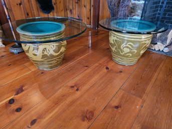 Pair Of Large Terra Cotta Bowls / Planters With Glass Tops