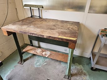 Industrial Desk With Maple Top And Vintage Green Painted Legs Dimensions In Photo
