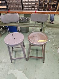Two Grey Metal Stools With Back Support