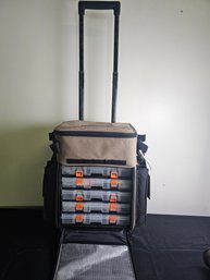 Lot Of Fishing Gear In Rolling Luggage Style Bag