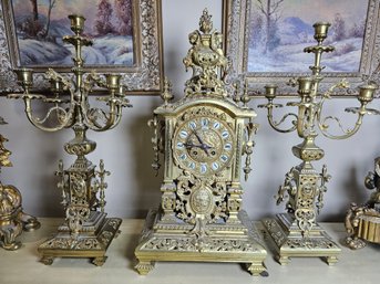 Large French Louis XV Style Theodore Starr Gilt Clock And Candleabra
