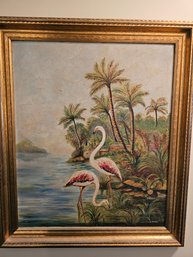 Oil On Board Of Flamingos Signed Dwyer