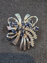 14kt White Gold Diamond And Sapphire Brooch