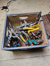 Dairy Crate Full Of Hand Tools (mostly Plier, Snips, Vise Grips Etc)