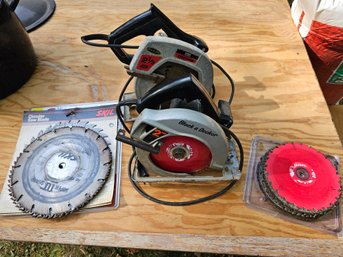 Pair Of Corded Circular Saws And A Bunch Of Blades