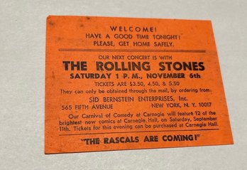 Rolling Stone Concert Ticket Handbill November 6th 1960s