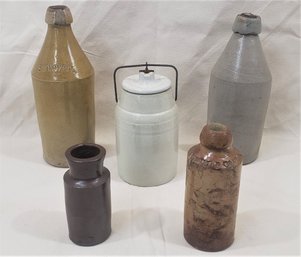 Assorted Antique Stoneware Bottles & Jars Group- ~5 Pieces