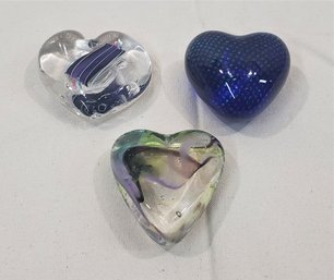 Assorted Contemporary Signed Heart Shaped Art Glass Paperweights Group- ~3 Pieces